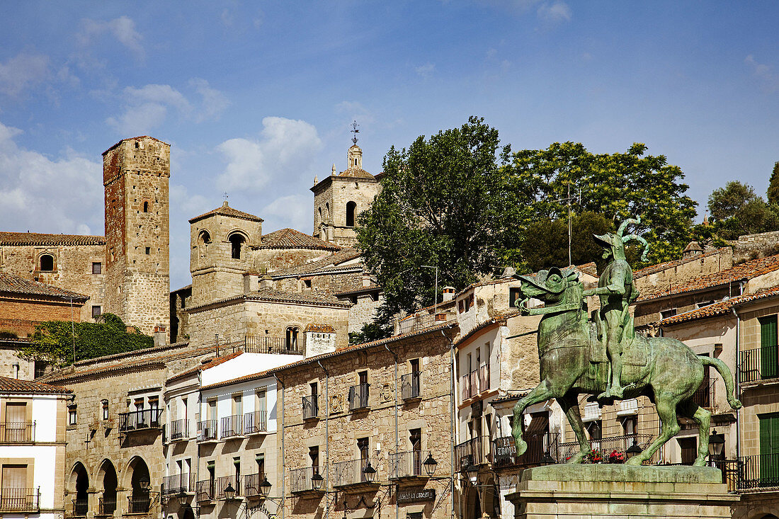 Equestrian monument to Francisco Pizarro and Main Square, Trujillo, Caceres province, Extremadura, Spain