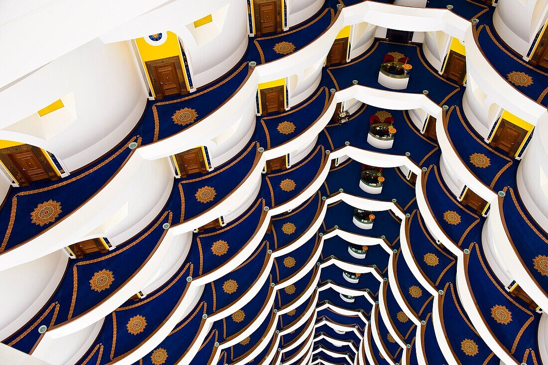 Overview of interior of Burj al Arab Hotel, Dubai, United Arab Emirates