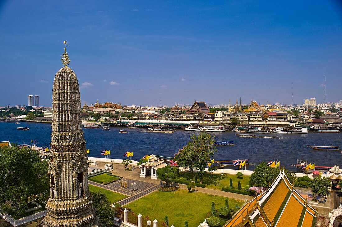 View of the Chao Phraya River from Wat Arun the Temple of Dawn, Bangkok, Thailand