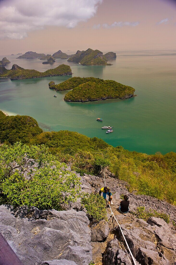 Hiking to the top of Ko Wua Talap, one of the islands in the Angthong National Marine Park 42 limestone islands near Koh Samui island, Gulf of Thailand, Thailand
