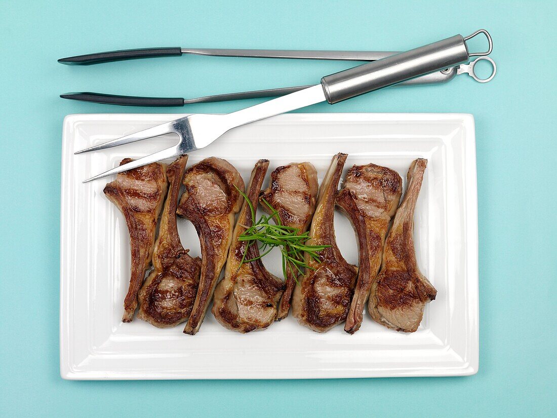 Cooked lamb chops on a plate isolated against a blue background
