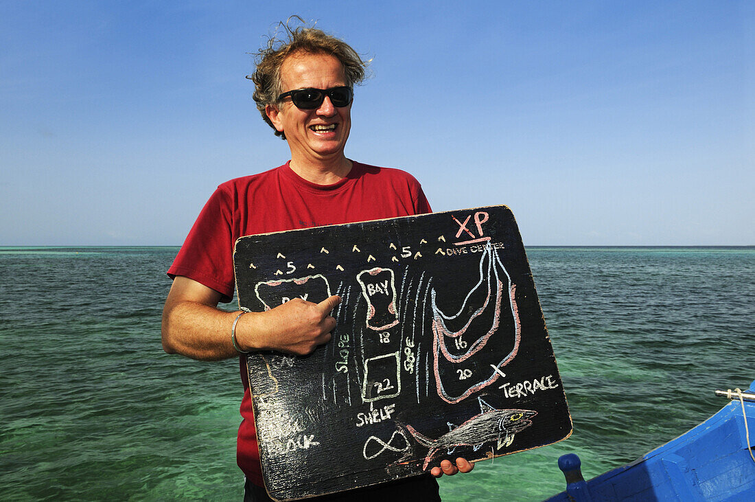 Wolfgang Tippelt erklärt die Tauchgründe bei Kanuhura, Lhaviyani Atoll, Malediven