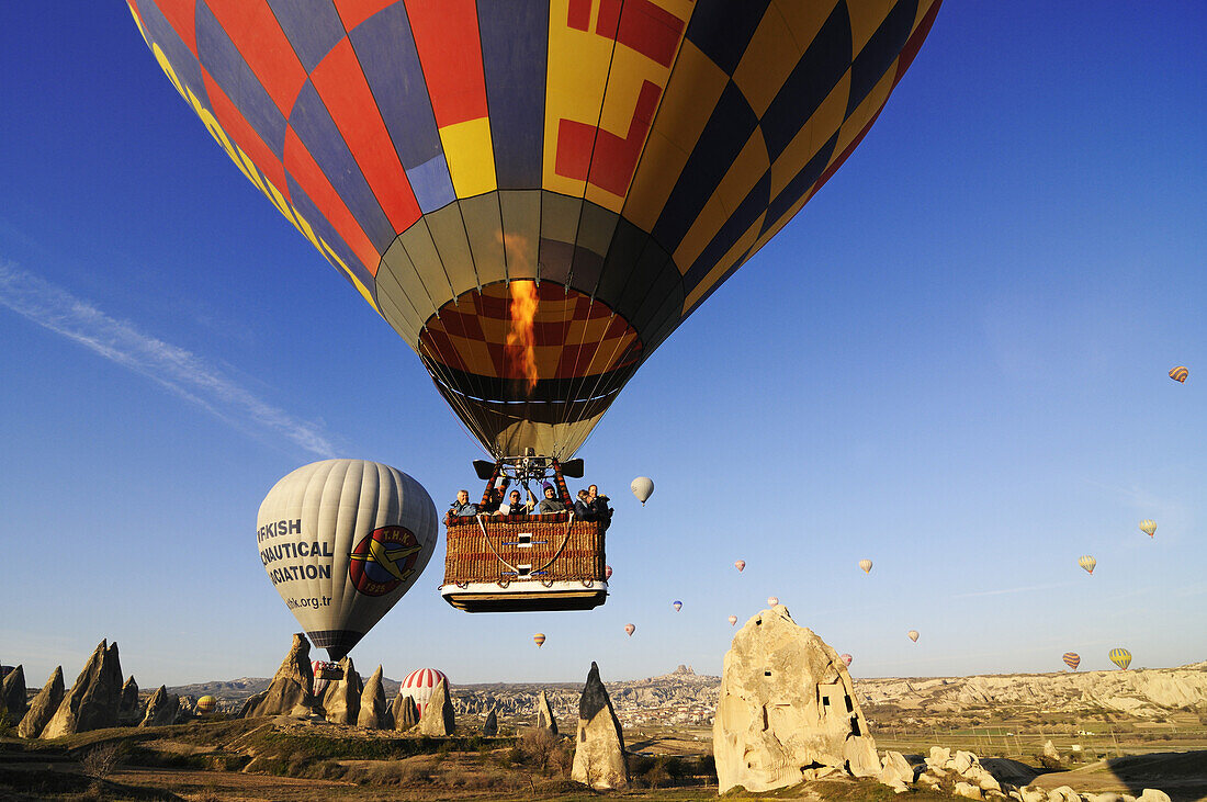 Hot-air-balloons over the Göreme valley, Göreme, Cappadocia, Turkey