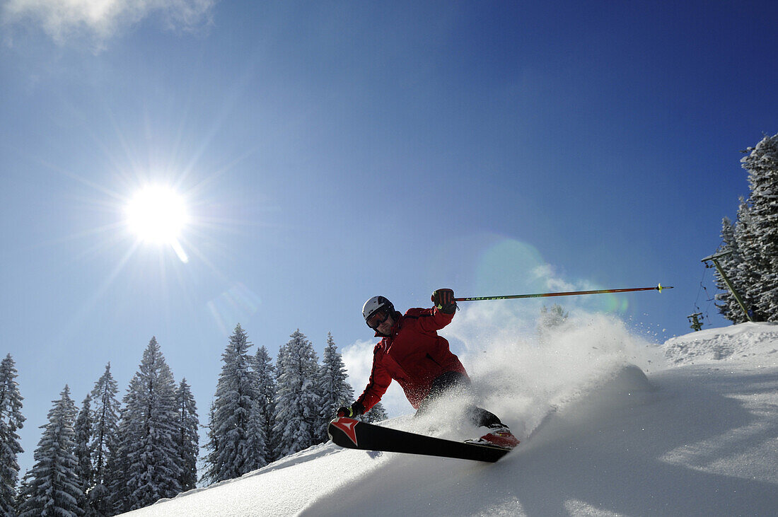Skier going downhill, Reit im Winkl, Chiemgau, Upper Bavaria, Bavaria, Germany, Europe