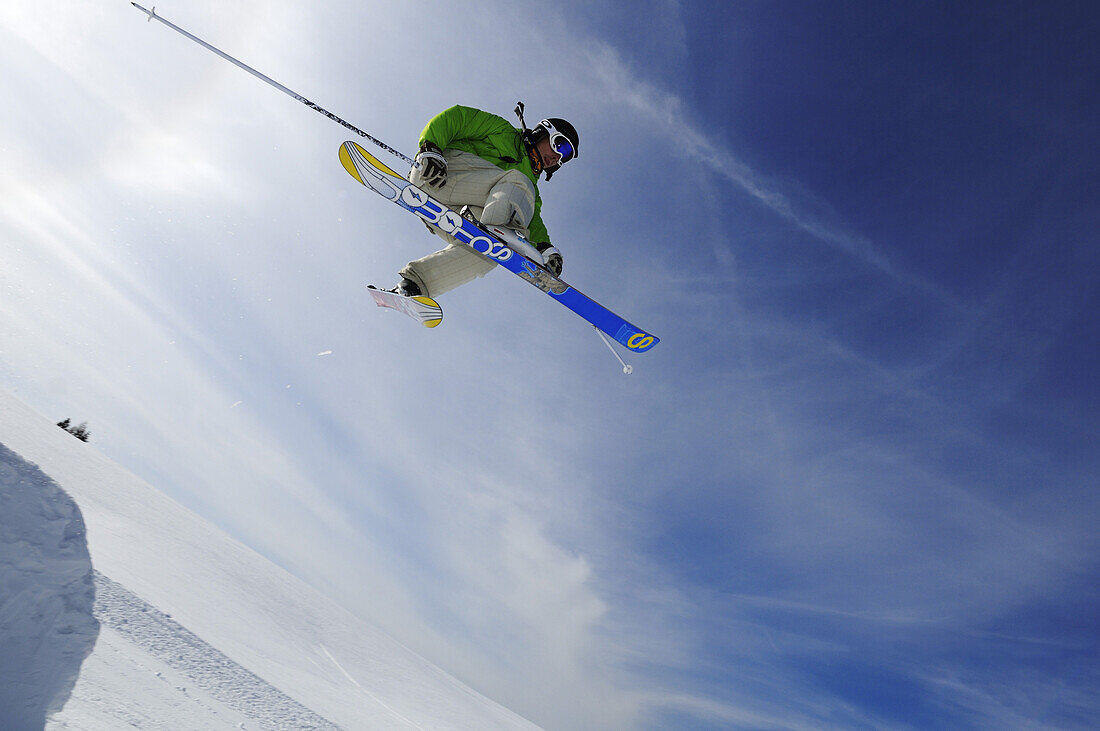 View at skier during jump, Reit im Winkl, Chiemgau, Upper Bavaria, Bavaria, Germany, Europe