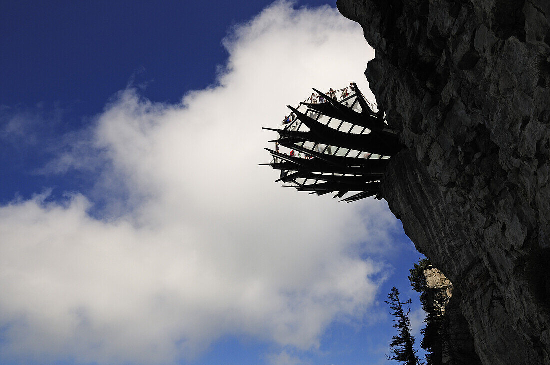 Low angle view at rock face with viewing platform, Gamssteig, Steinplatte, Reit im Winkl, Chiemgau, Upper Bavaria, Bavaria, Germany, Europe