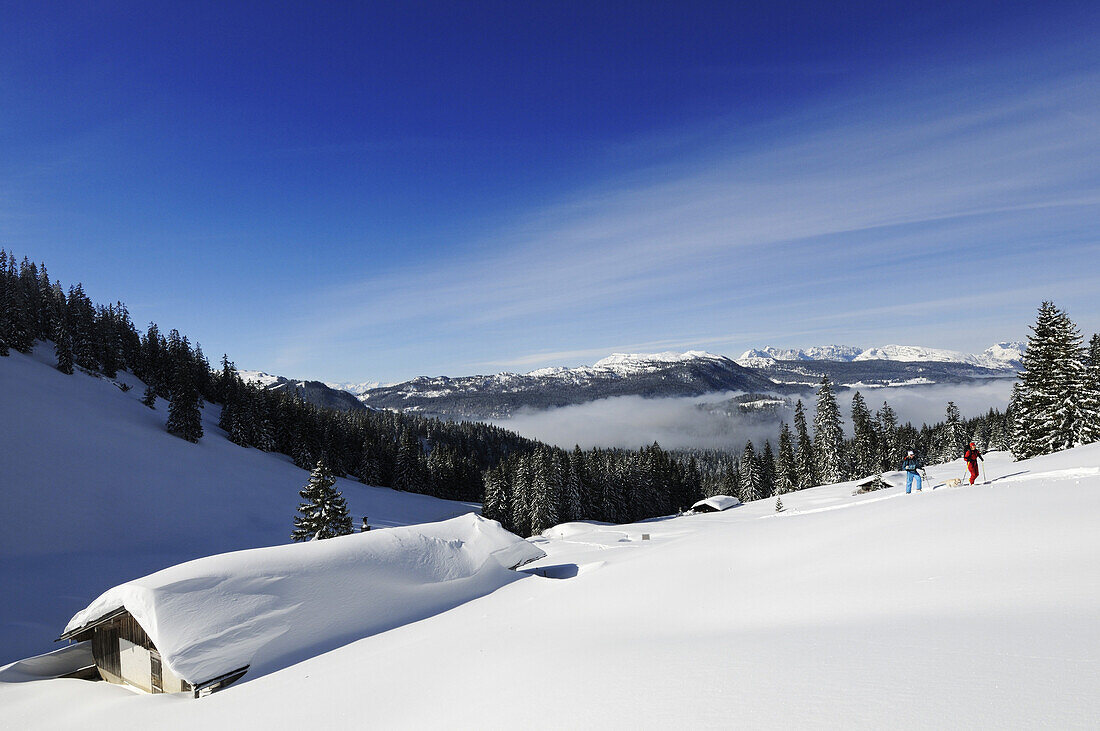 Menschen bei Skitour durch verschneite Landschaft, Dürrnbachhorn, Reit im Winkl, Chiemgau, Oberbayern, Bayern, Deutschland, Europa