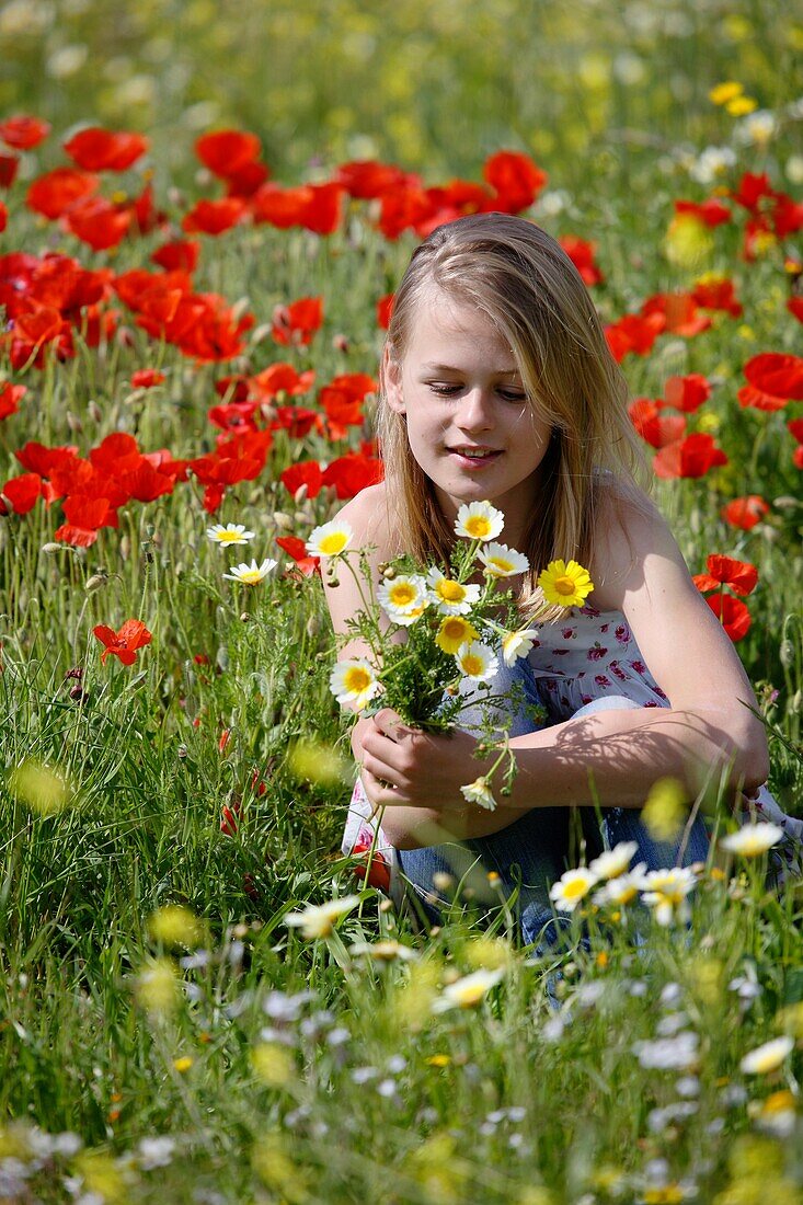 Female, field, flower, girl, spring, young