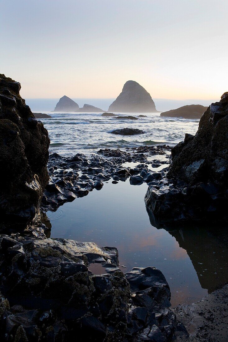 USA, Oregon, Tillamook County, Oceanside, sea stacks, rocky shoreline and tidepool, sunset, low tide, August