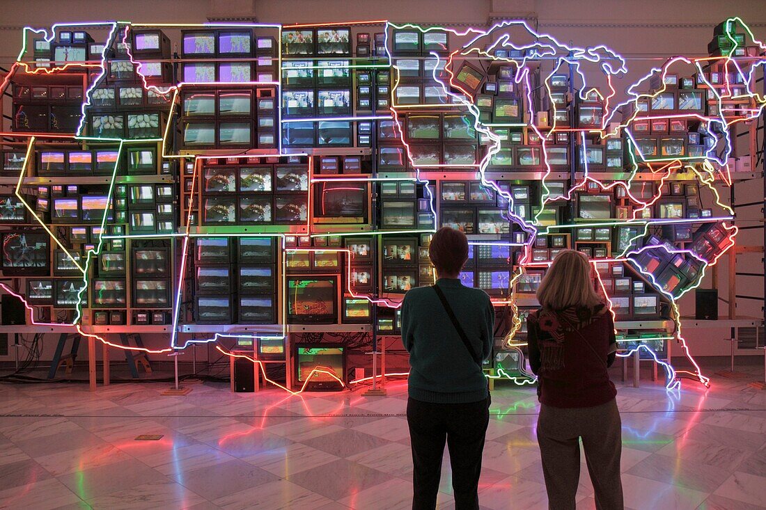 Washington DC, Smithsonian American Art Museum, modern art, video installation, neon lights, US map, 'Electronic Superhighway', Nam June Paik, multi-media, woman, looking