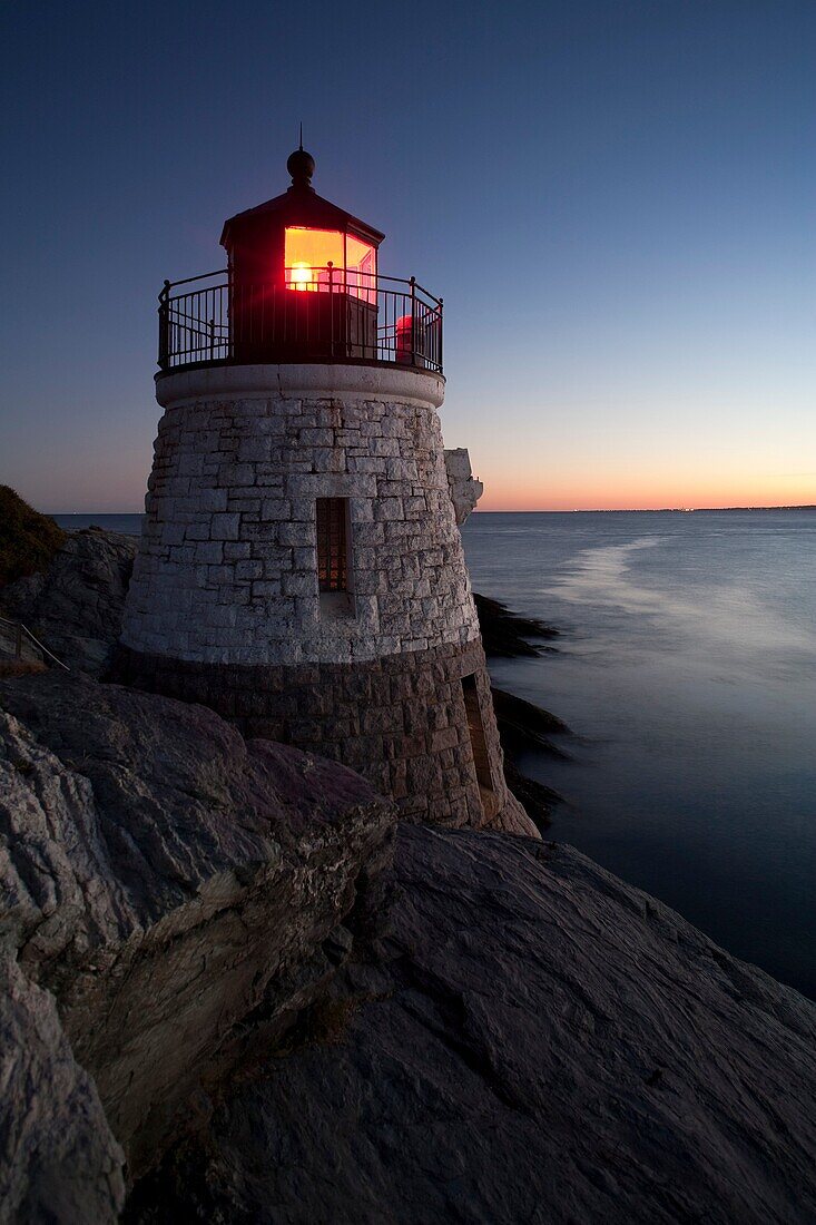 Castle Hill lighthouse, Narragansett Bay evening, Newport, RI., Rhode Island. U.S.A.