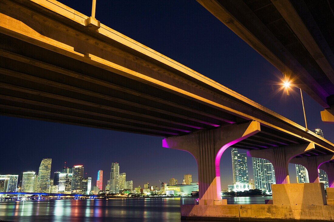 Miami skyline seen from underneath MacArthur Causeway, Florida, USA