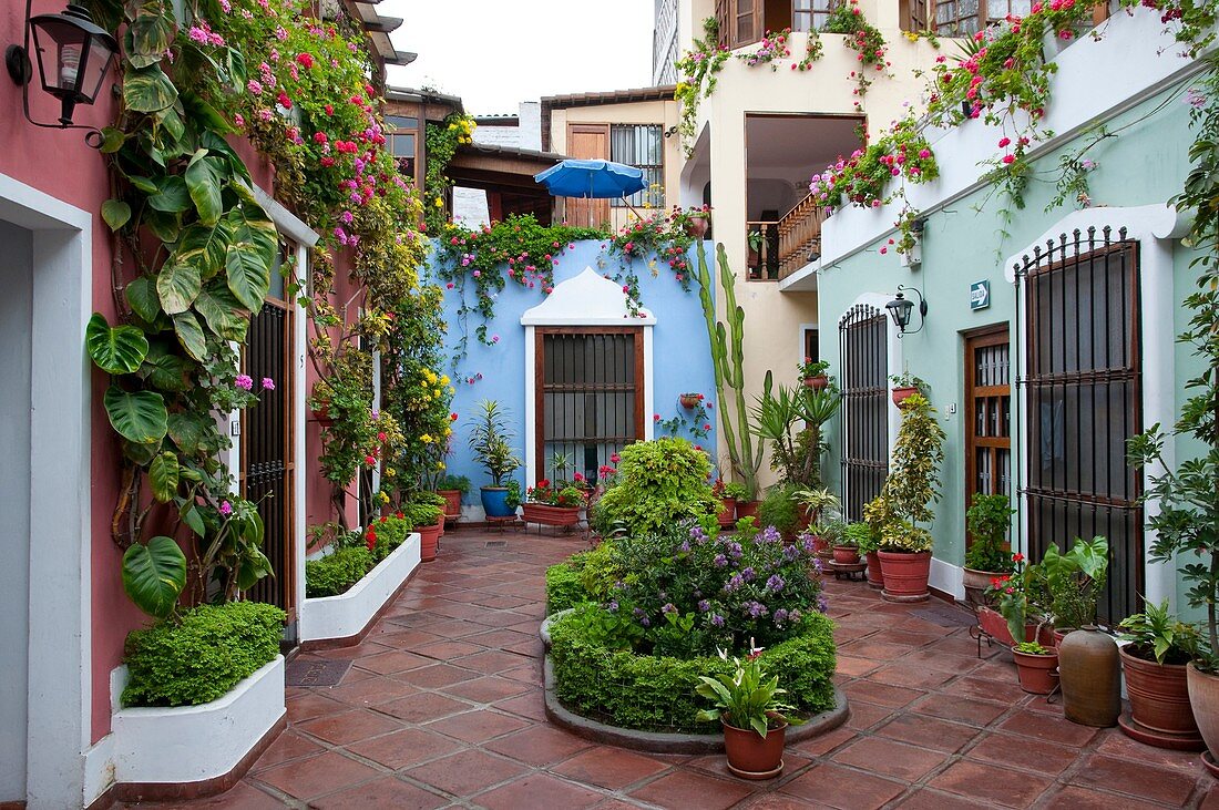 The interior courtyard of the El Patio Hostal in Miraflores, Lima, Peru, South America