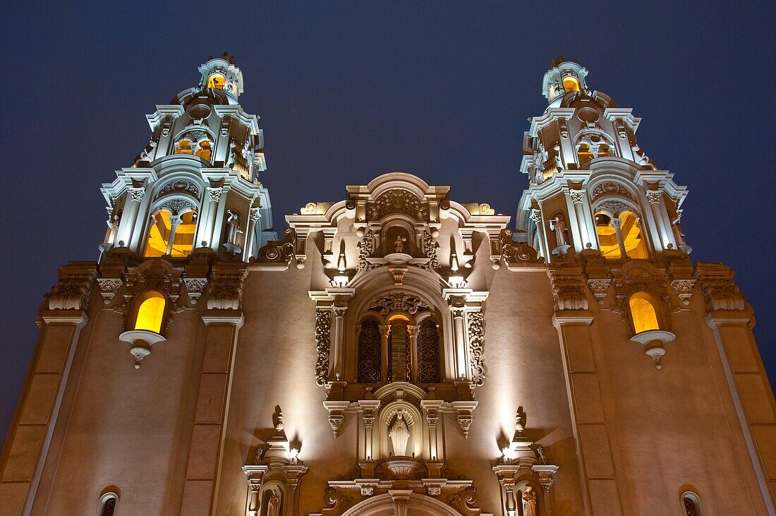The Miraflores Church exterior illuminated at night in Lima Peru, South America