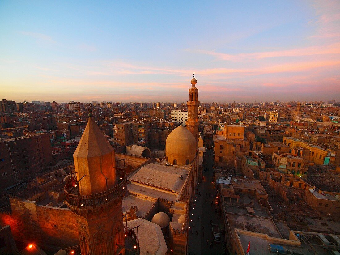 Madrasa Mausoleum of Al Nasir Mohamed, Al Mu'izz historic street & citi view, Cairo, Egypt