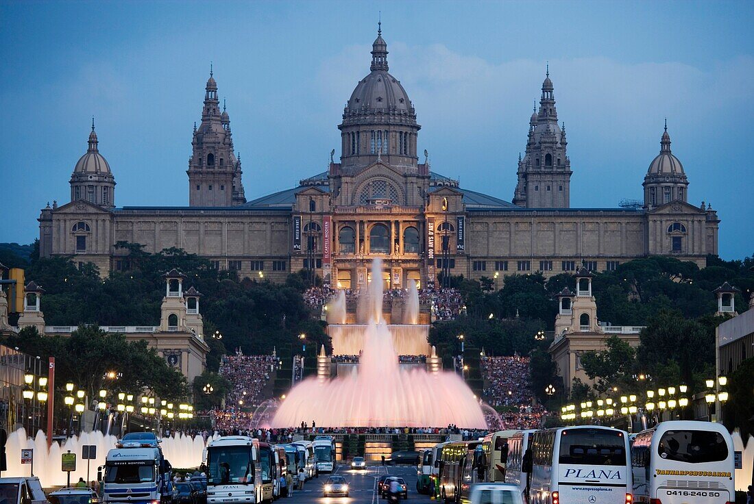 Palau Nacional and Magic fountain at Montjuich, Barcelona, Catalonia, Spain