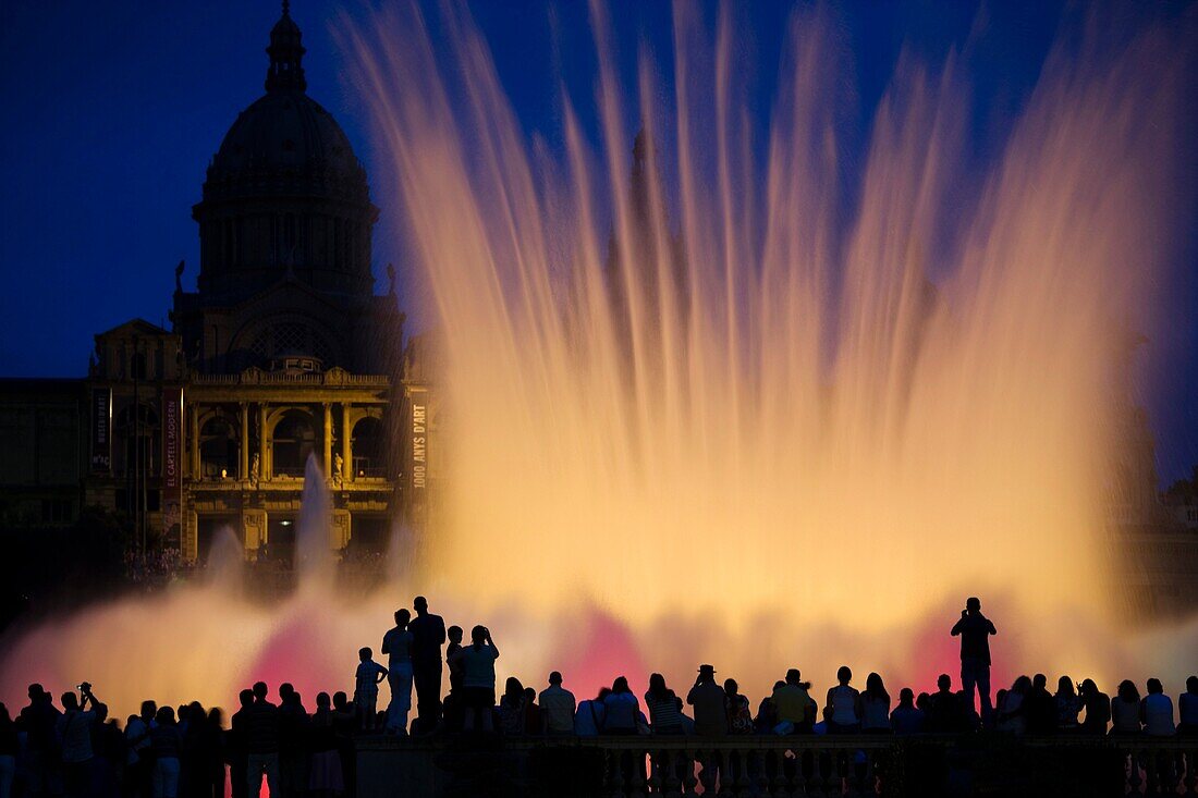 Palau Nacional and Magic fountain at Montjuich, Barcelona, Catalonia, Spain