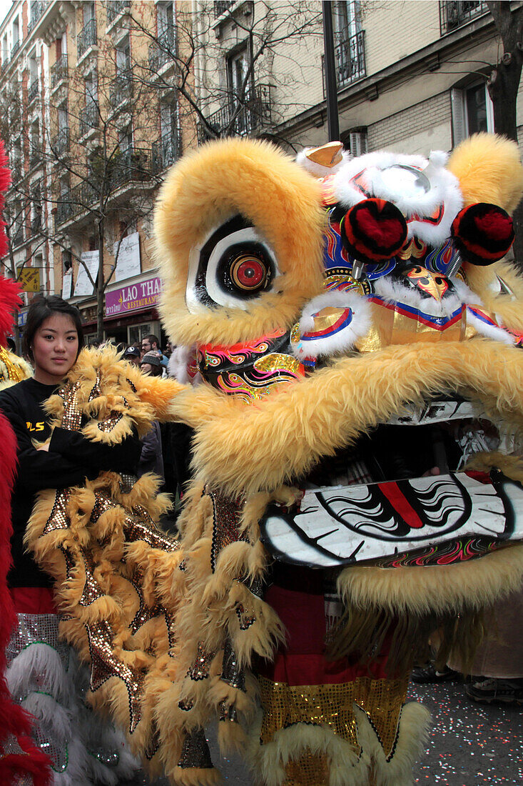 Chinese Lion Dance, The Guardian Lion Scares Away Evil Spirits, Chinese Mythology, Chinese New Year, Parade In Paris To Celebrate The Start Of The Year Of The Tiger, Paris (75) 13Th Arrondissement