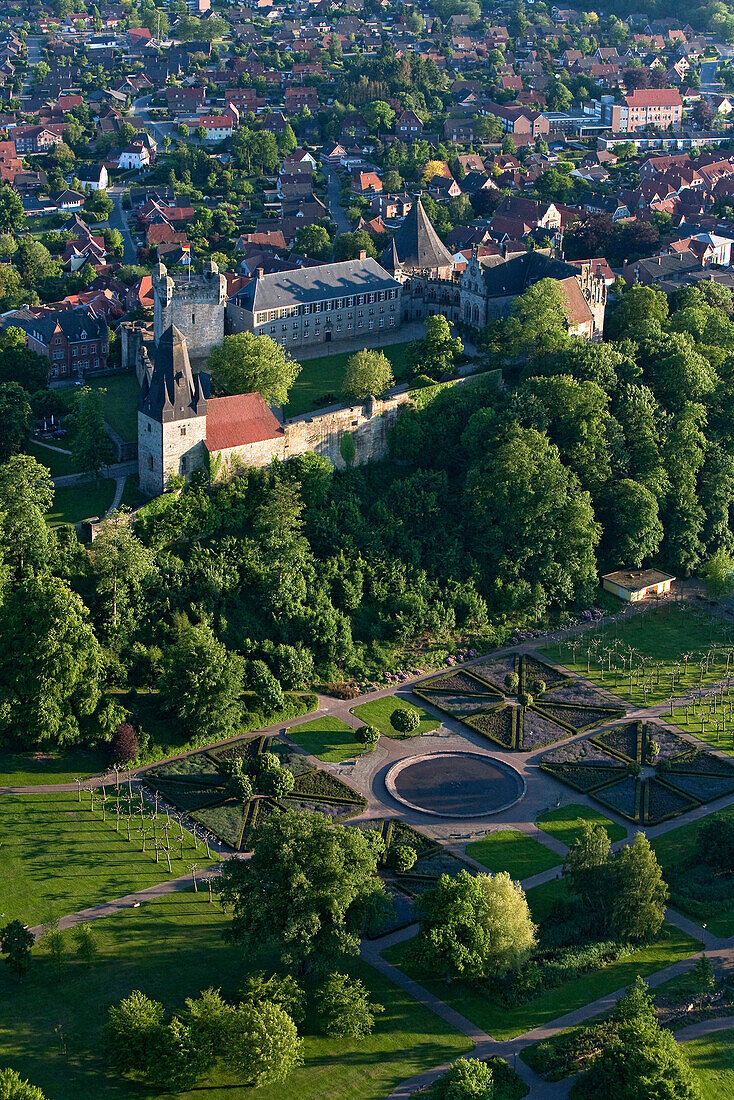 Aerial shot of Bentheim castle and chateau park, Bad Bentheim, Lower saxony, Germany