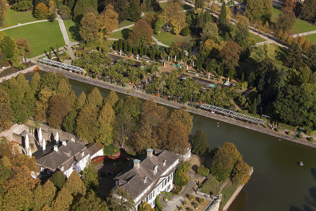 Aerial view of Bad Pyrmont castle and gardens, moat and palm garden, Lower Saxony, Germany