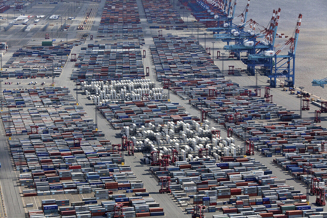 Aerial view of a container port terminal with rows of containers, Bremerhaven, Bremen, Germany