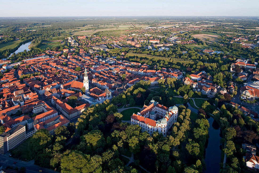 Aerial shot of old town with town church and Celle Castle, Lower Saxony, Germany