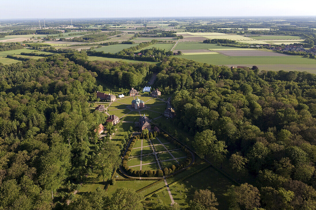 Aerial view of Clemenswerth palace and hunting lodge with park landscape, eight pavillions are grouped together in the form of a star, Sögel, Lower Saxony, Germany