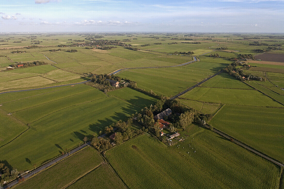 aerial view of meadows, farms and farmland, near Cuxhaven, Lower Saxony, Germany
