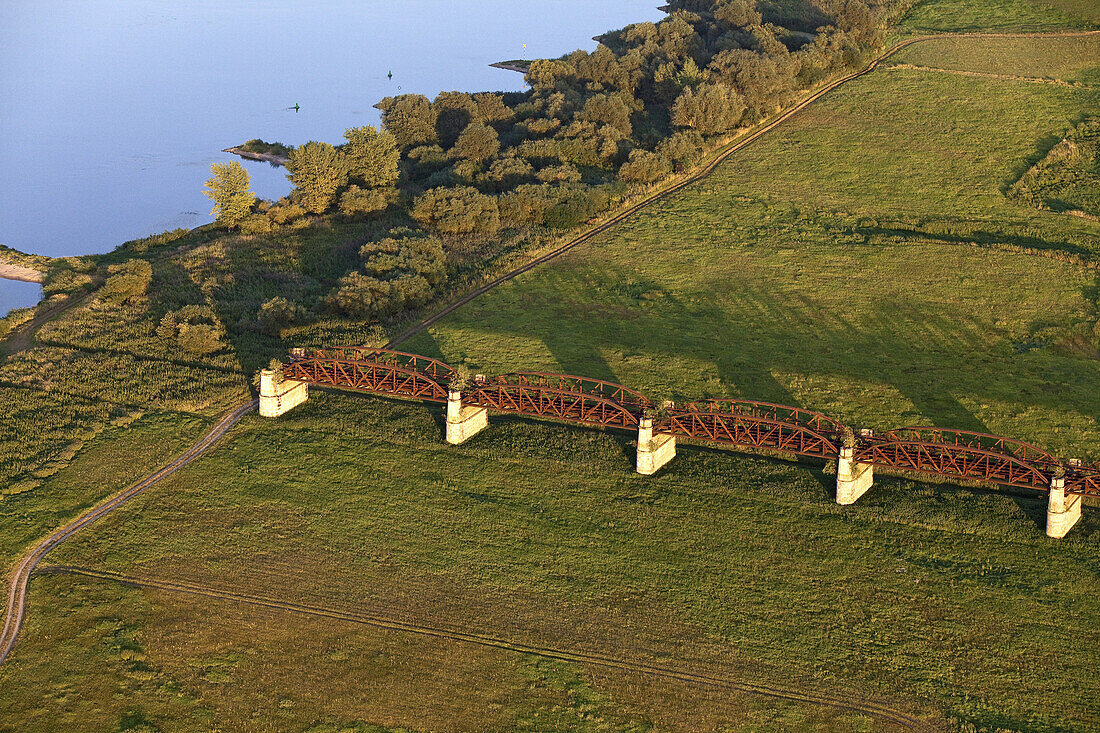 Aerial view of the Doemitz railway bridge monument, near Doemitz, bombed in 1945, former German border, Lower Saxony, Germany