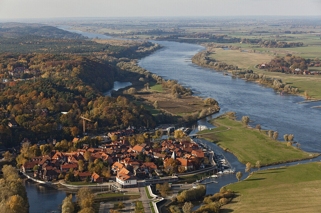 Aerial view of the town of Hitzacker on the junction of the Jeetzel River along the upper Elbe River, Hitzacker, Lower Saxony, Germany