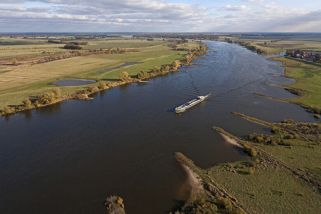 Aerial of a barge on the River Elbe, Schnackenburg, Lower Saxony, Germany