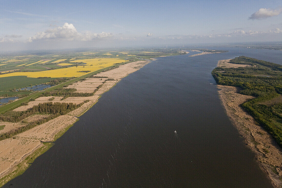 Aerial of the River Elbe, Pagensand island, Lower Saxony, Germany