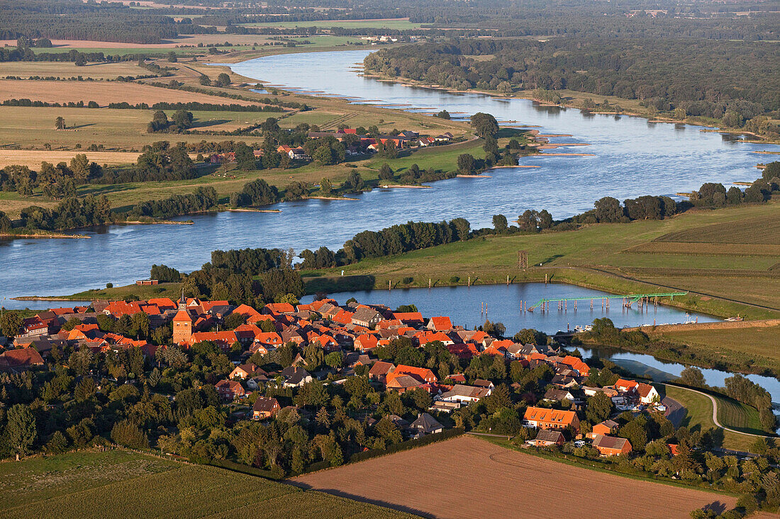 Aerial shot of Elbe River near Schnackenburg, Gartow, Lower Saxony, Germany