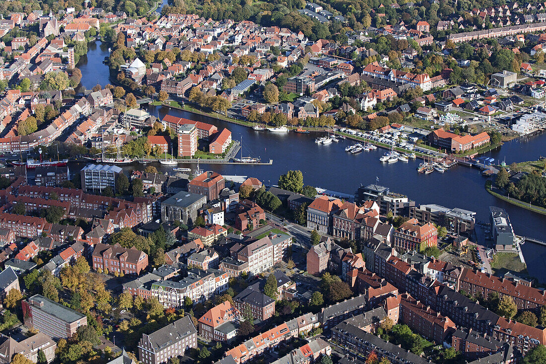 Aerial view of Emden harbour and the old town, Emden, Lower Saxony, Germany