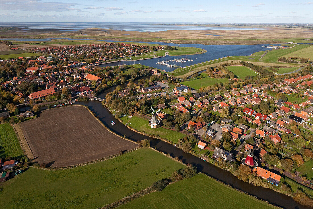 Aerial shot of Leybucht and harbor, Greetsiel, Lower Saxony, Germany