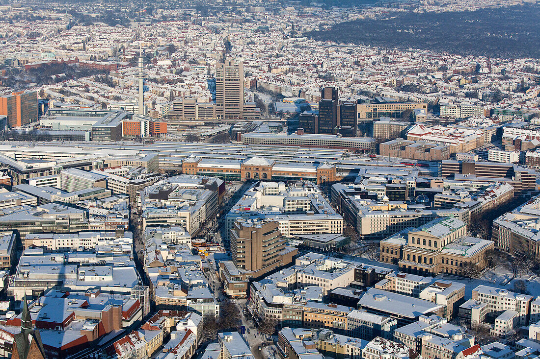 Aerial shot of Hanover in winter with central station, Lower Saxony, Germany