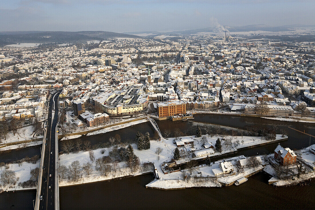 Aerial of the historic town of Hamelin, Hameln, in winter, Lower Saxony, Germany