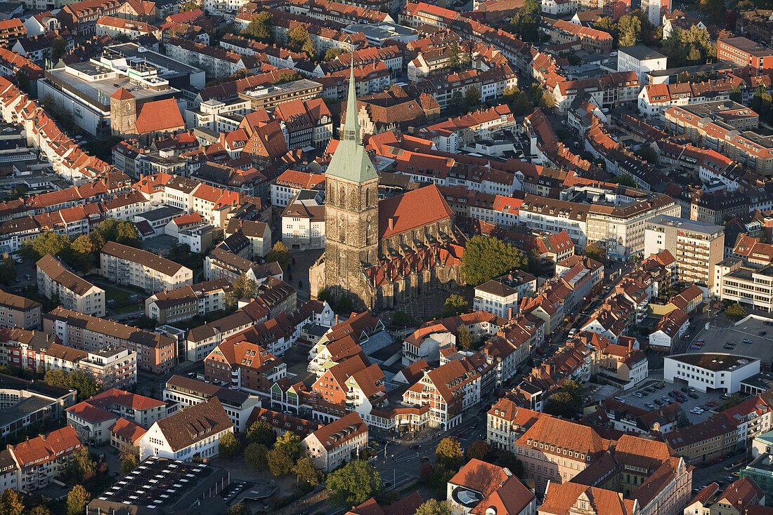 Aerial view of the city of Hildesheim, St Andreas church, tallest church tower in Lower Saxony, Hildesheim, Lower Saxony, Germany