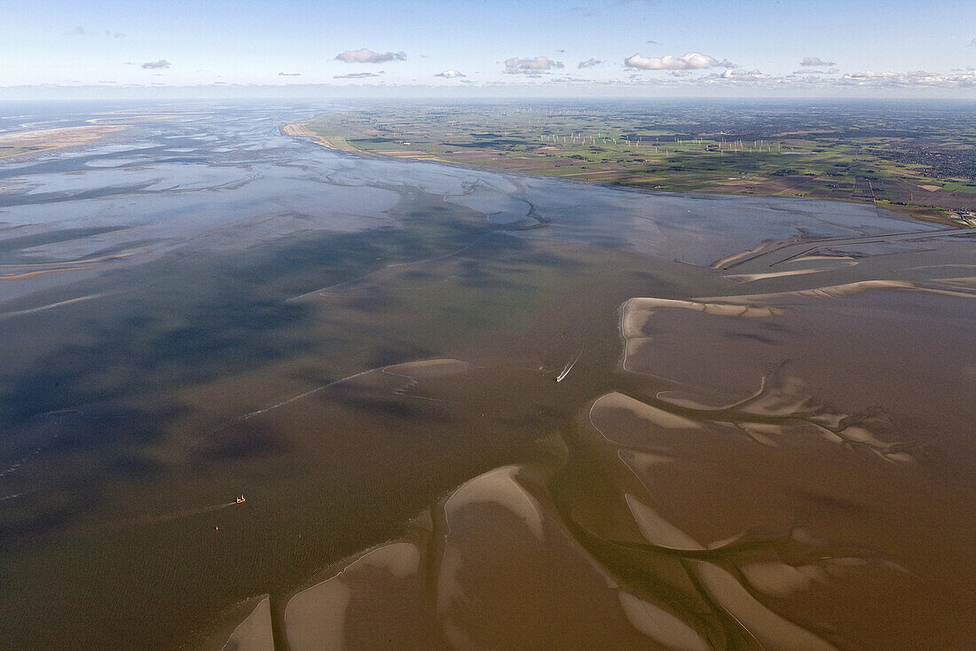 Luftbild, Nordseeküste mit Wattenmeer zwischen Festland und Ostfriesischen Inseln, Sandmuster, Niedersachsen, Deutschland