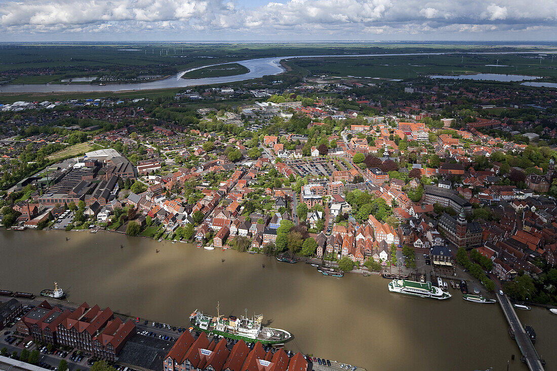 Aerial view of the town of Leer, harbour and town hall bridge, view across to the Ems River Lower Saxony, Germany