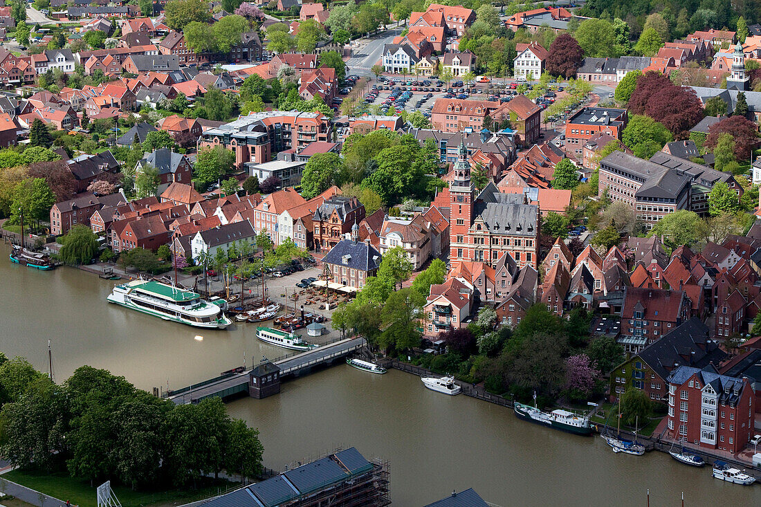 Aerial shot of town hall, harbor and town hall bridge, Leer, Lower Saxony, Germany