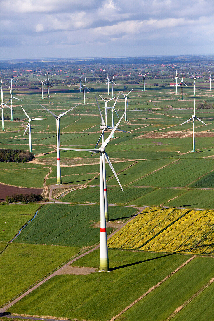 Aerial shot of wind farm on fields, Lower Saxony, Germany