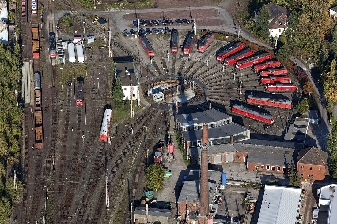 Aerial view of a railway turntable for the German Railways in Osnabrück, red engines, Osnabrück, Lower Saxony, Germany