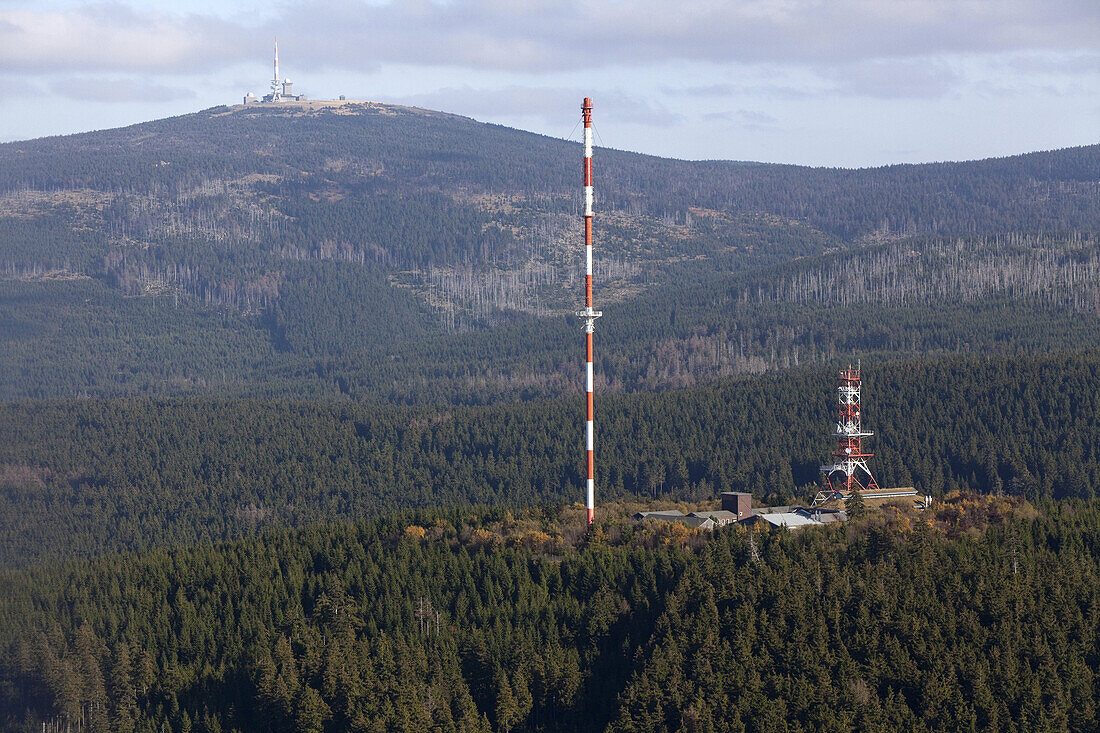 Aerial of the Brocken mountain, transmitter mast, forest, Lower Saxony, Germany