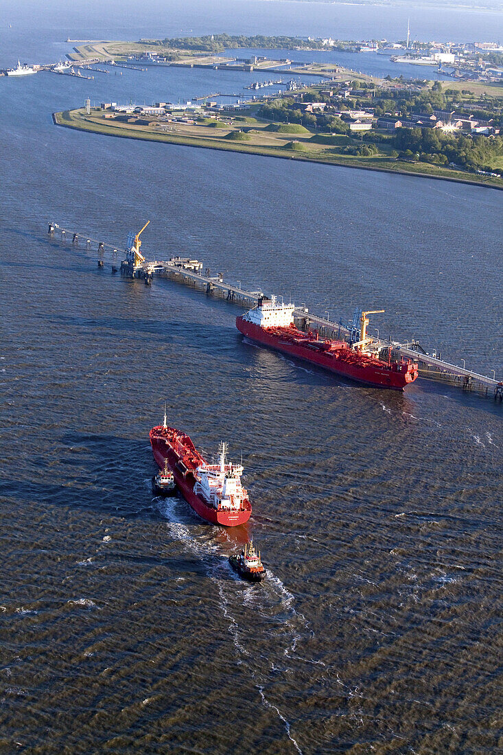 Aerial view of a red oil tanker, oil pier, Wilhelmshaven, Lower Saxony, Germany
