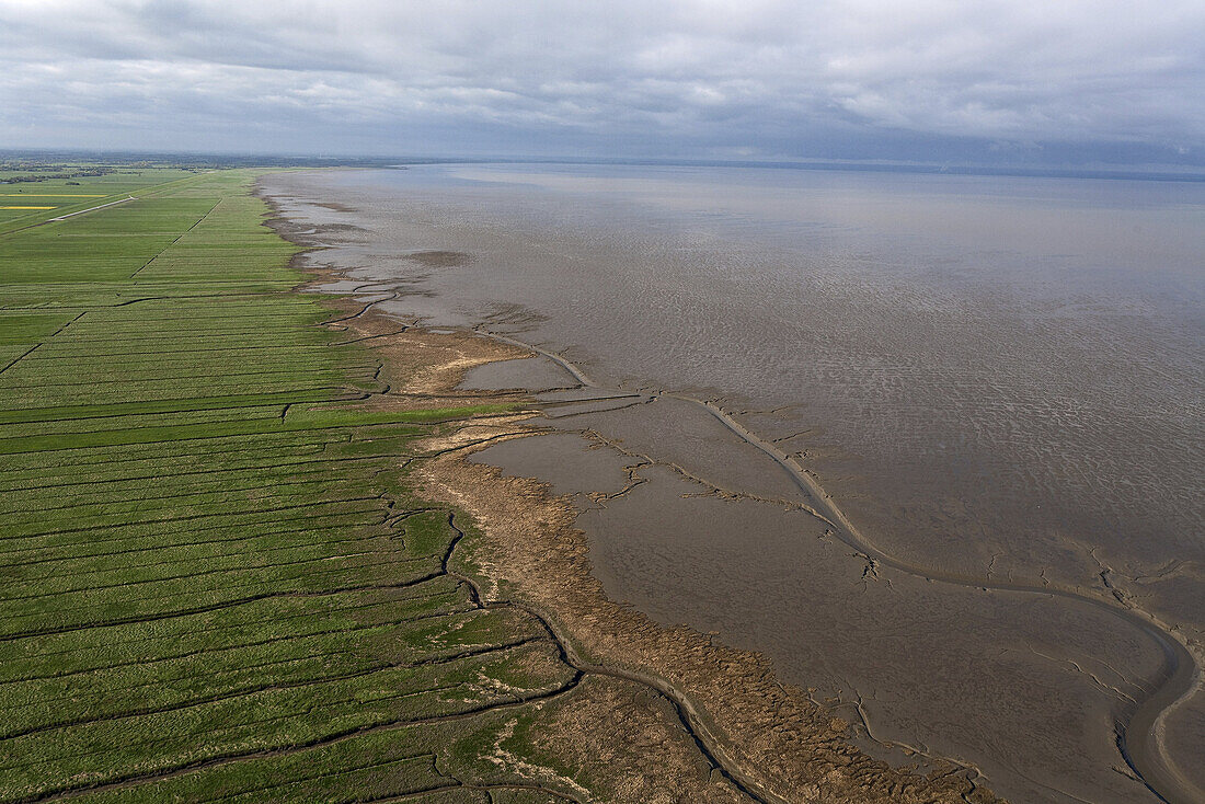 Aerial view of the North Sea coast, Waddensee, mudflats, Lower Saxony, Germany