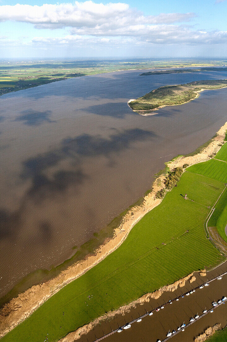 Aerial shot of Pagensand and Schwarztonnensand islands in River Elbe, Schleswig-Holstein, Germany