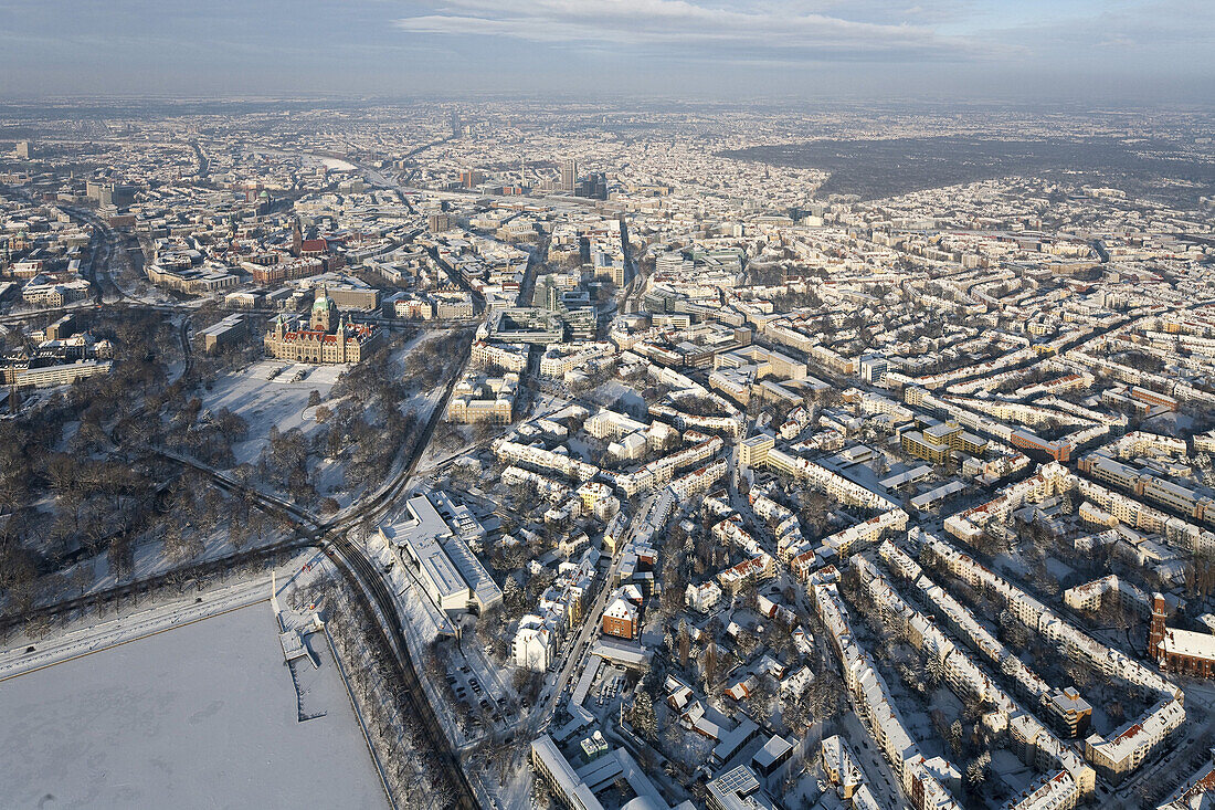 Aerial view of the city Hannover in winter snow, Lower Saxony, Germany