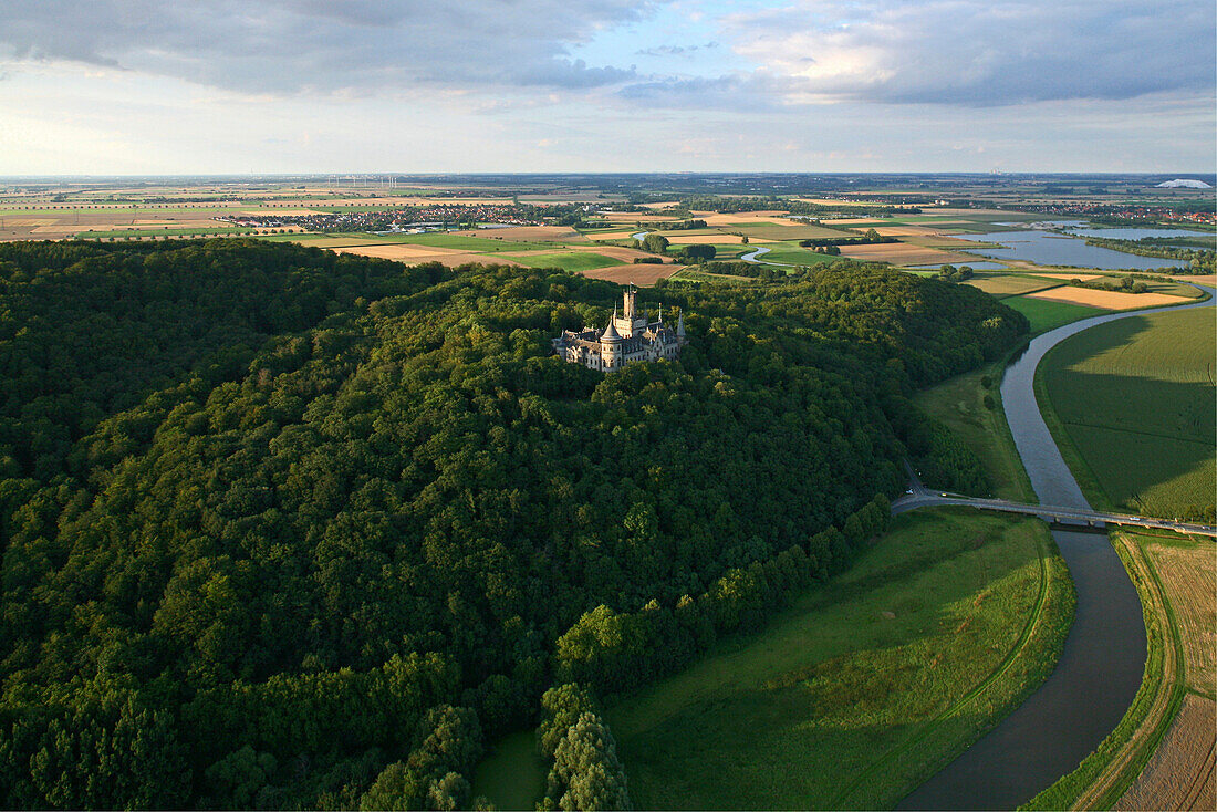 Aerial shot of Marienburg castle, Schulenburg, Pattensen, Lower Saxony, Germany