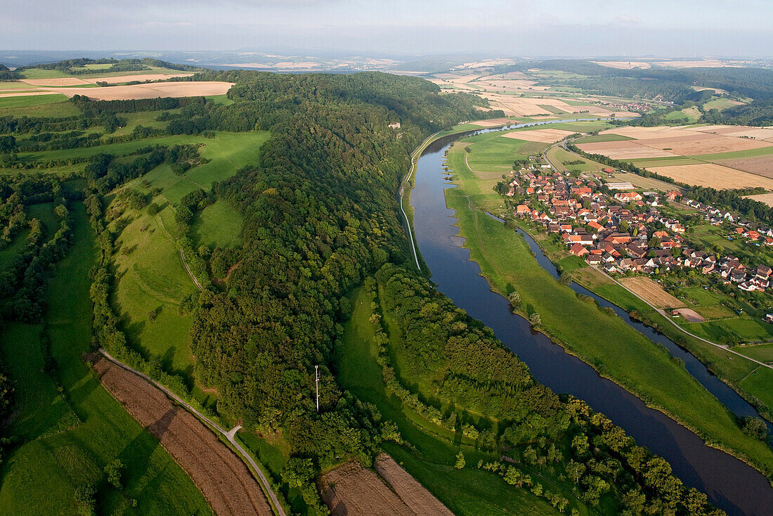 Aerial shot of Weser river in Weser Hills near Pegesdorf, Lower Saxony, Germany